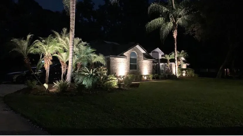 Outdoor Lighting A well-lit home with a manicured lawn and palm trees.