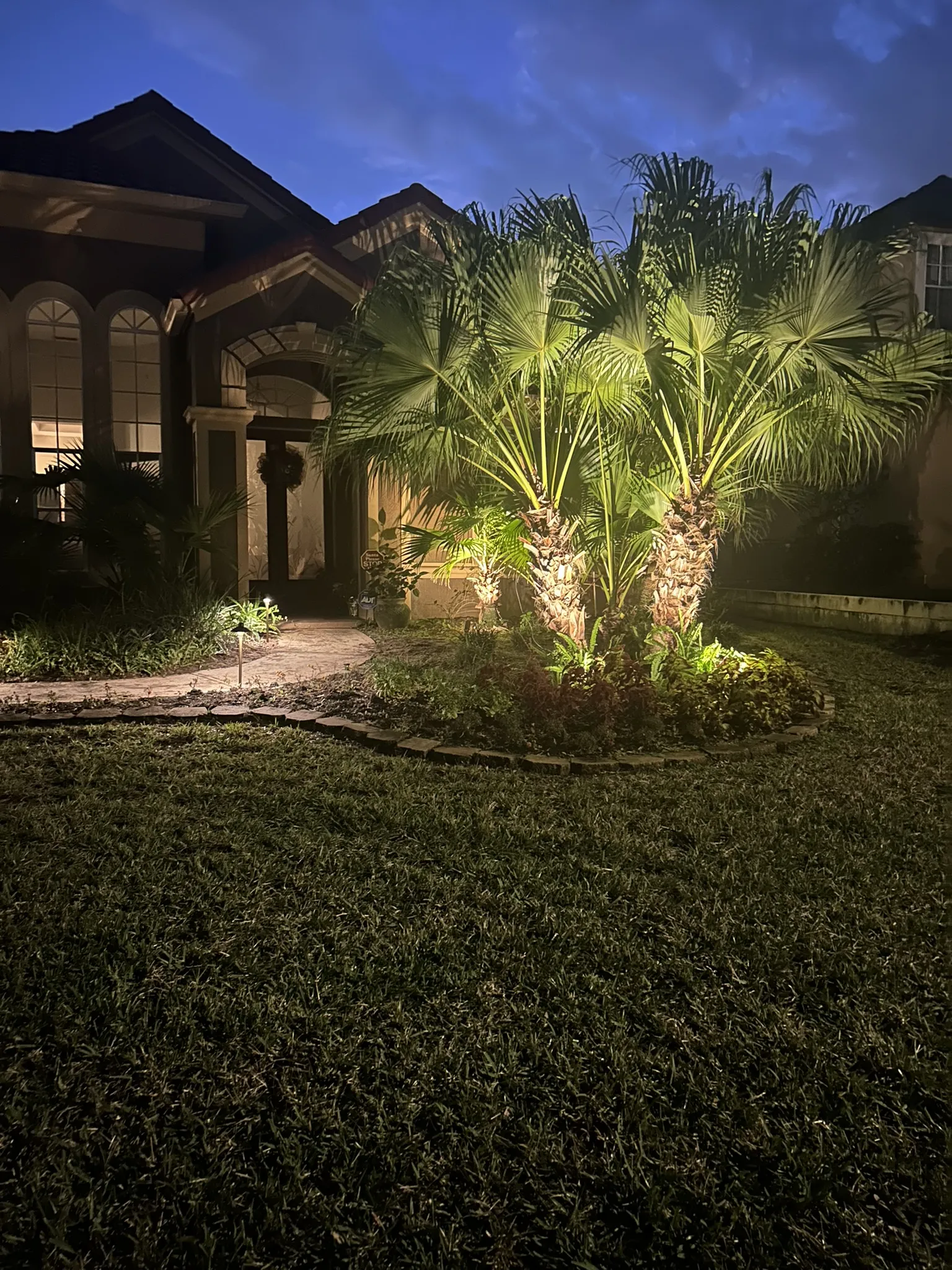 Landscape Lighting A well-lit pathway leads up to a house, with palm trees and other plants illuminated in the front yard.