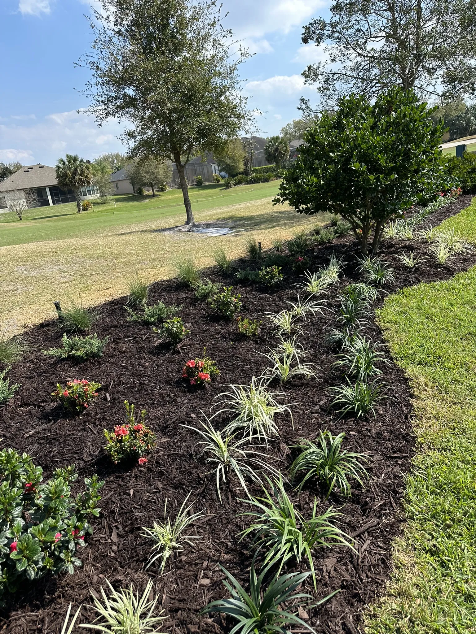 Sprinkler System A sprinkler system is installed in a mulch bed next to a golf course. The mulch bed has newly planted shrubs and ground cover.